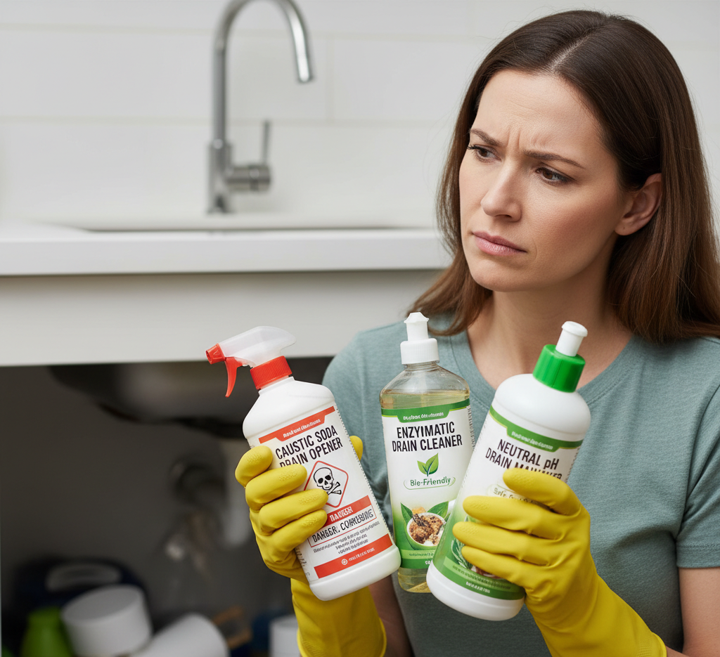 A woman is unsure whether to use caustic soda, enzymatic products, or products with a neutral pH.