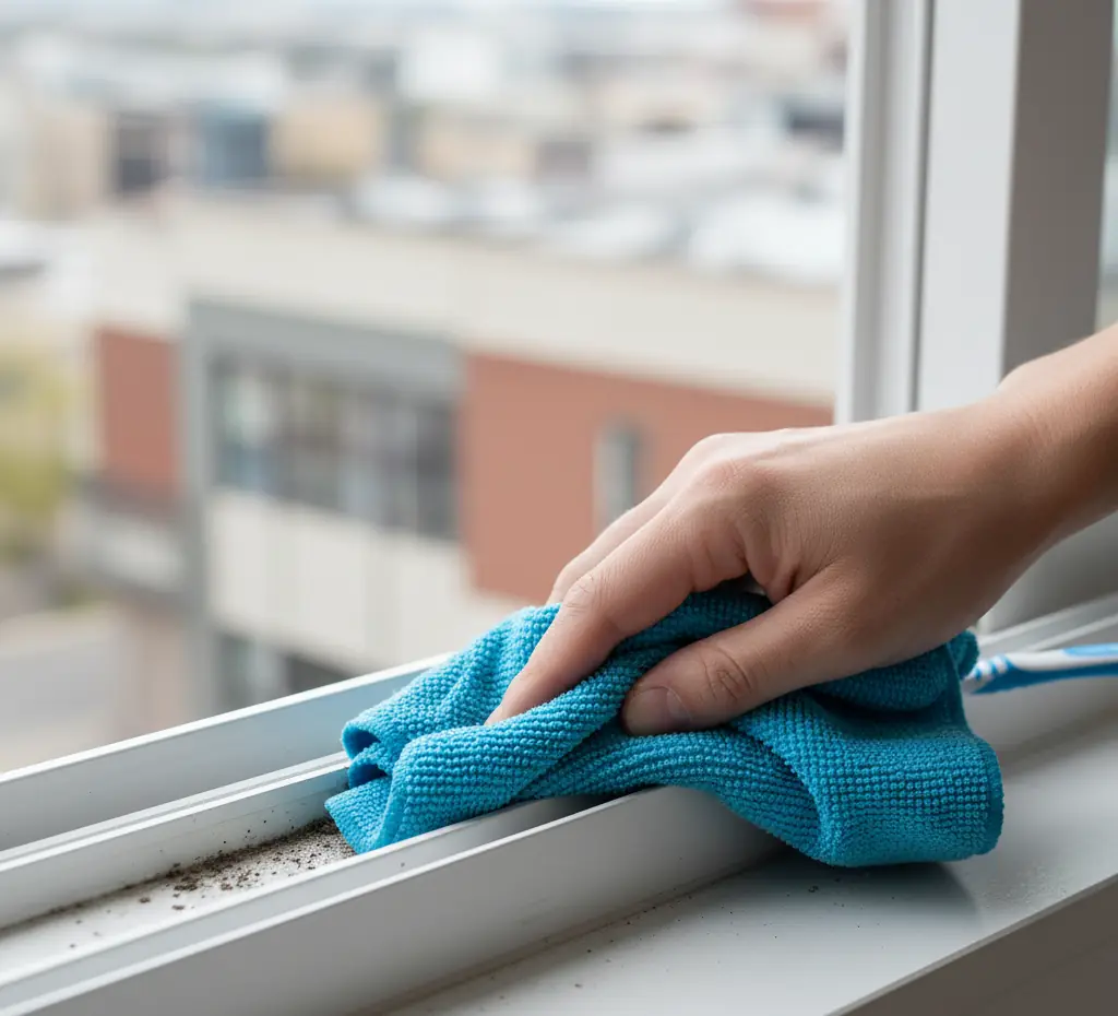 Cleaning the window track with a microfiber cloth.