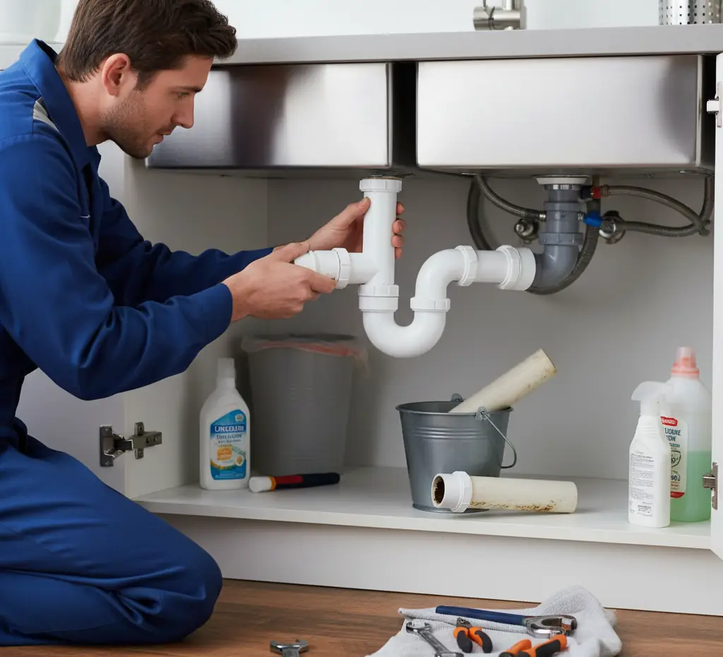 Man removing the pipe under the sink to clean it.