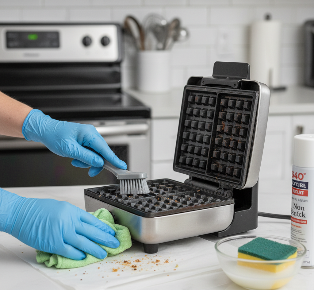 Performing cleaning maintenance on a waffle maker.