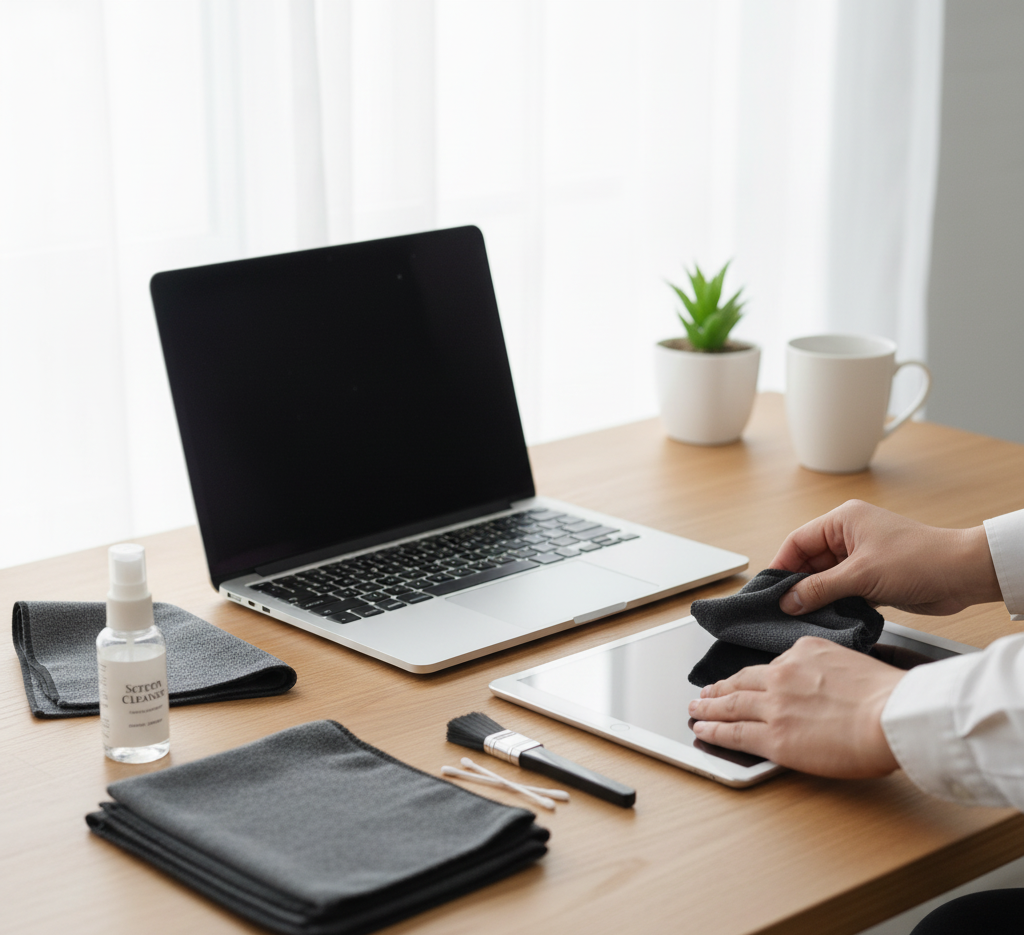 Preparing to clean screens.