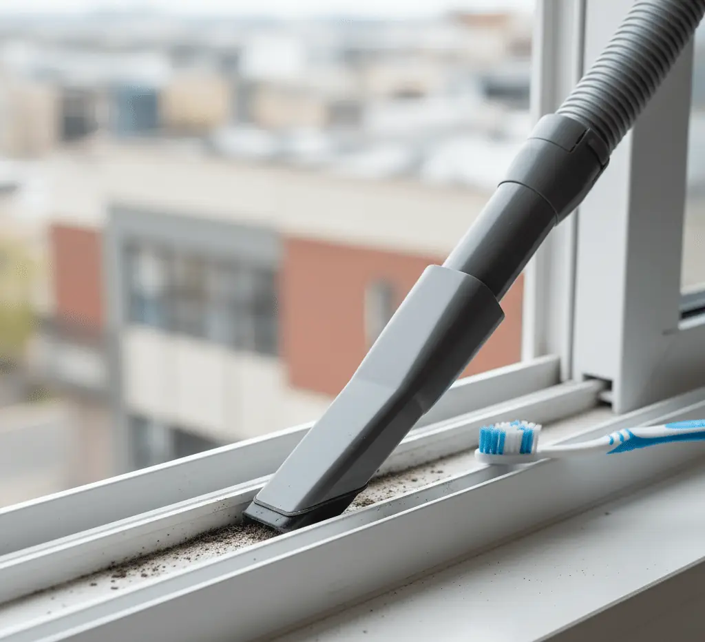 Vacuum Cleaner With Nozzle and Toothbrush for cleaning window tracks