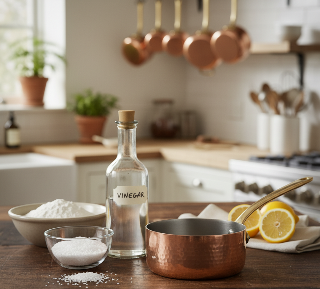 Vinegar, Salt and Flour for clean copper pans