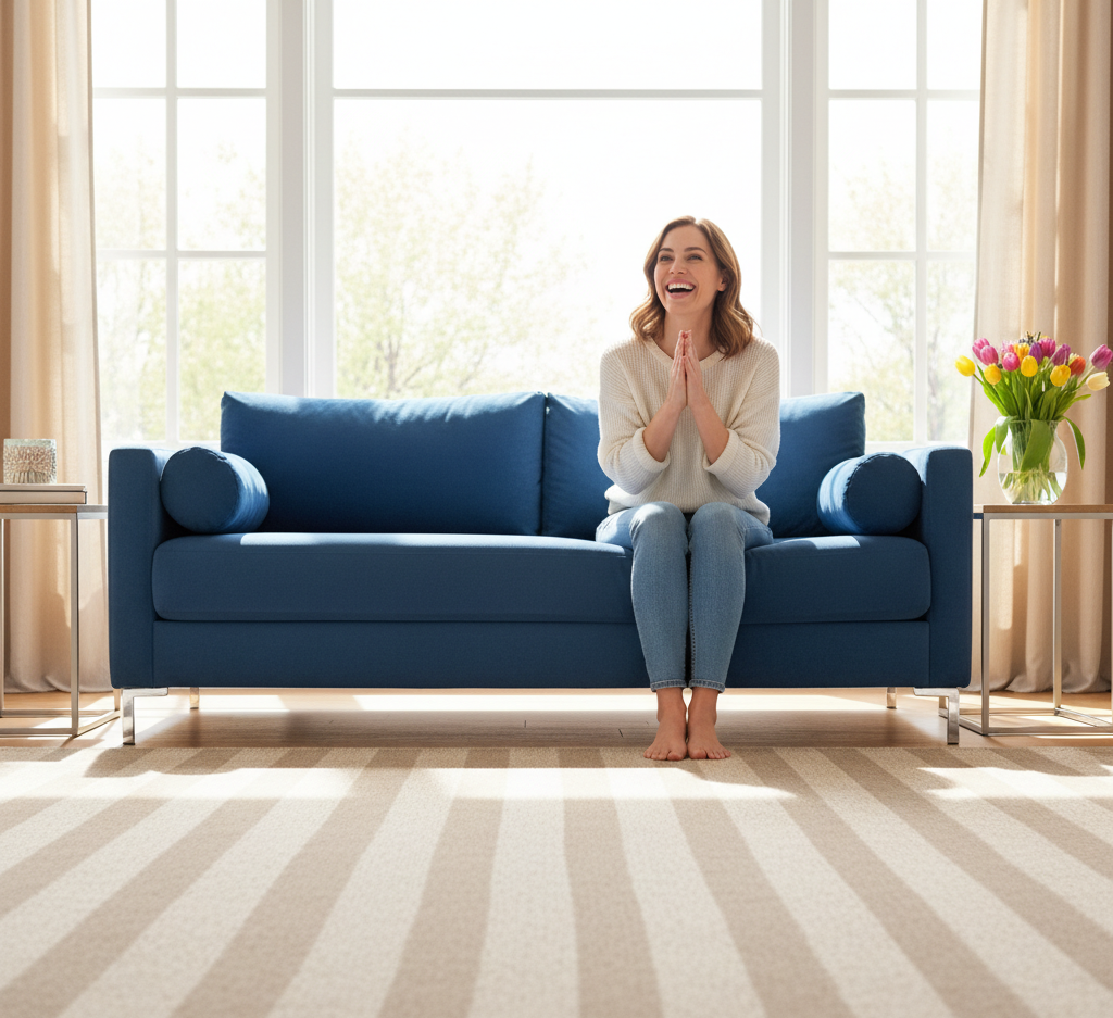 Woman pleased with clean carpets and rugs before spring.