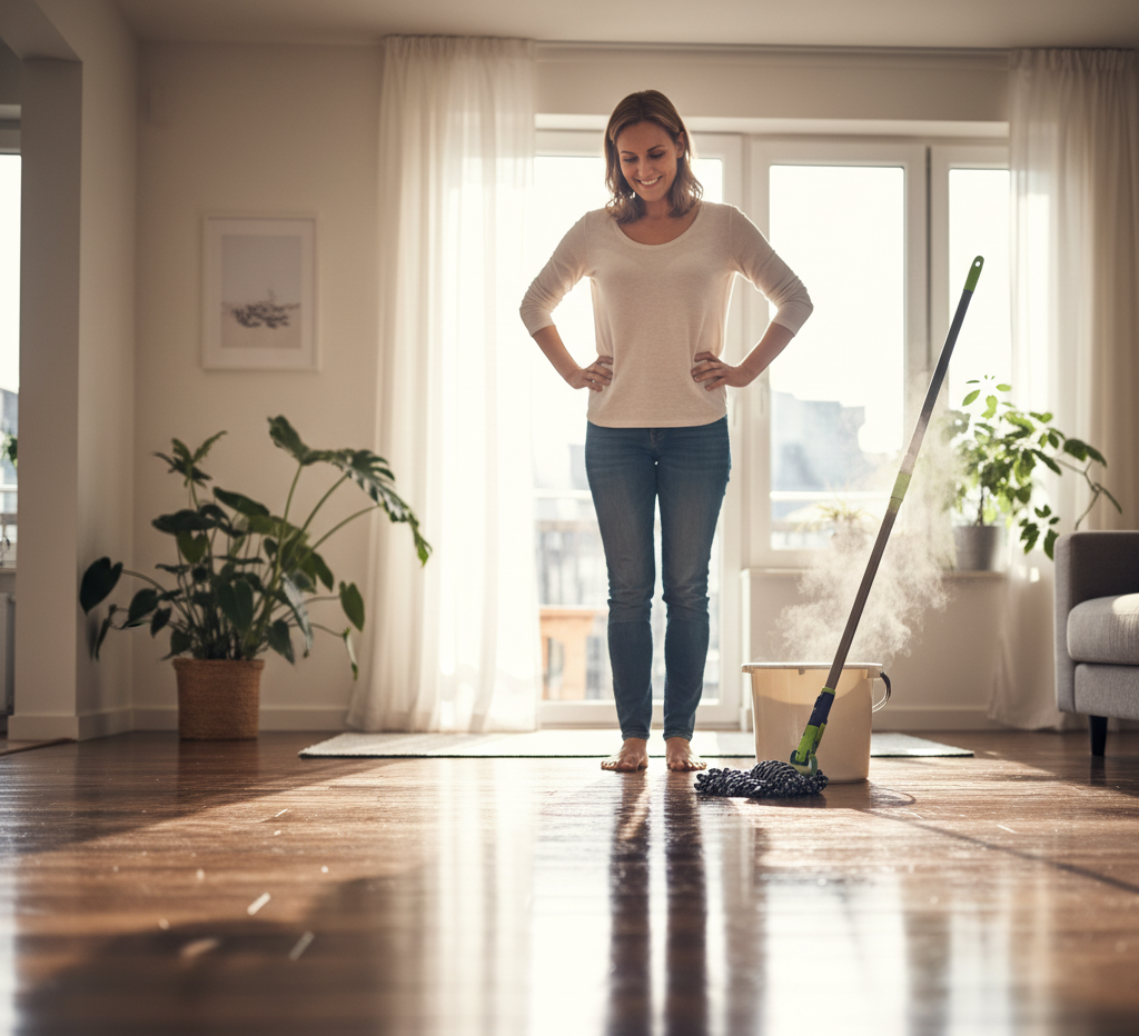 Woman satisfied after mopping the wooden floor.