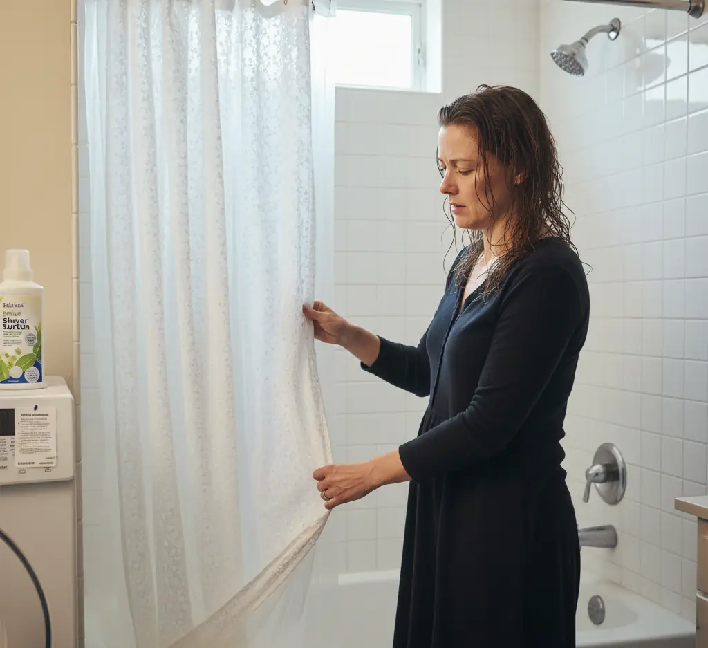 Woman takes care of the correct way to use a shower curtain.