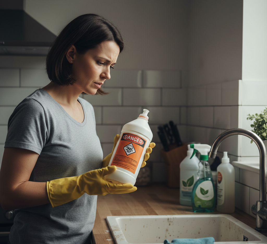 Woman unsure whether to use caustic soda for cleaning.
