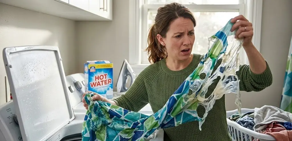 Woman upset because shower curtain melted due to washing with hot water