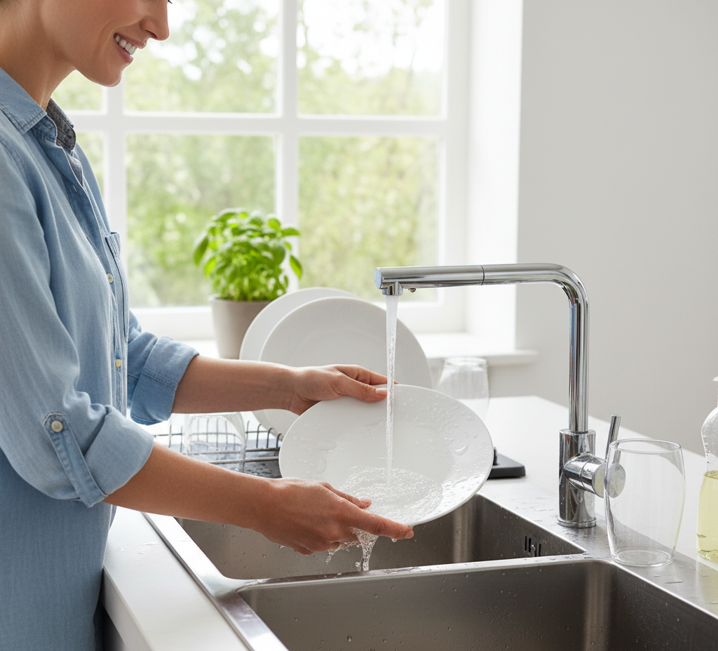 Woman washing dishes in a clean sink with a functioning sink drain.