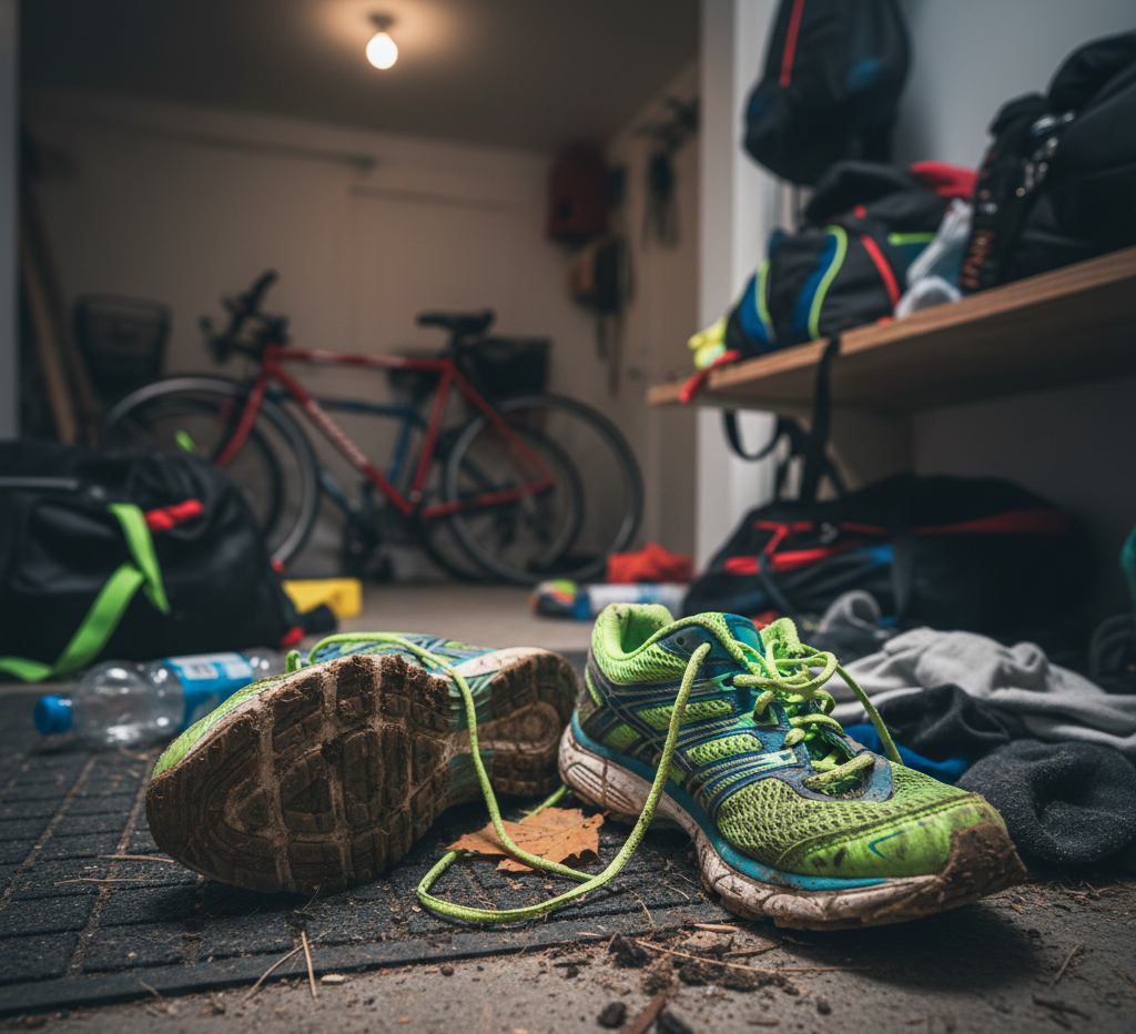 a running tennis shoe being neglected after use