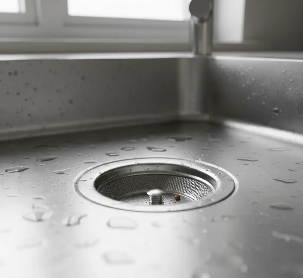 Stainless steel sink drain and strainer with water droplets