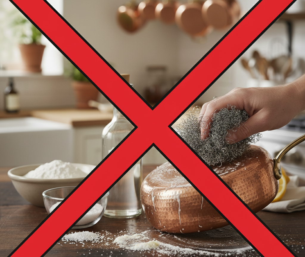 steel wool being rubbed on a copper pan