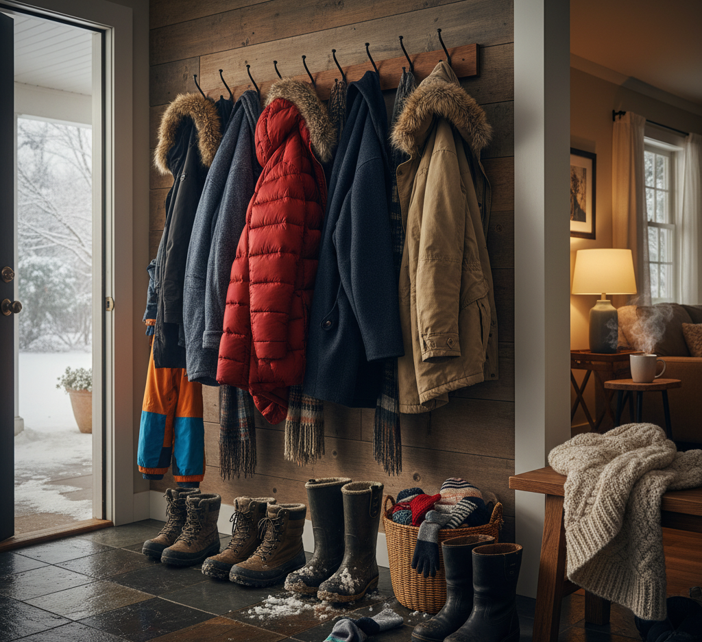 the entrance of a house with heavy coats, winter boots and typical winter attire