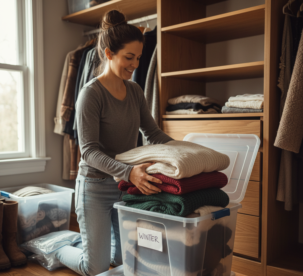 woman emptying her wardrobe of winter clothes