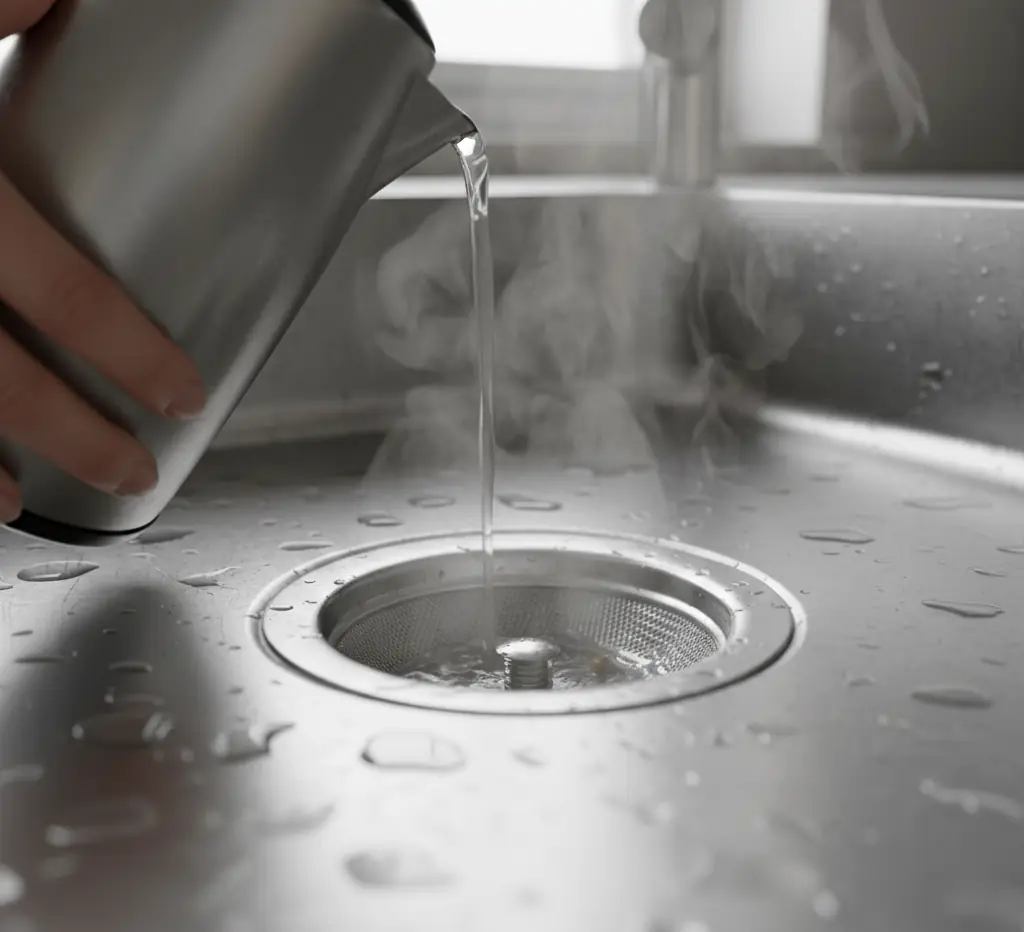 woman pouring hot water down sink drain