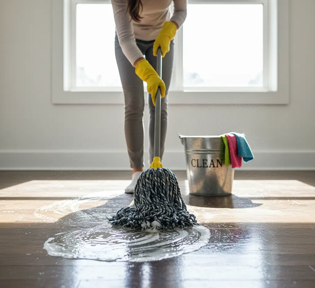woman soaking the wooden floor with a mop