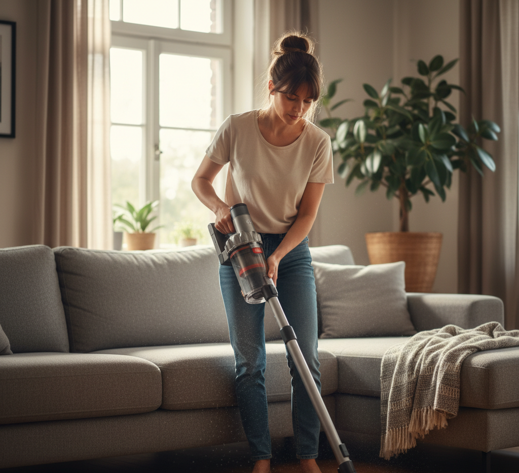 woman using vacuum cleaner on sofa