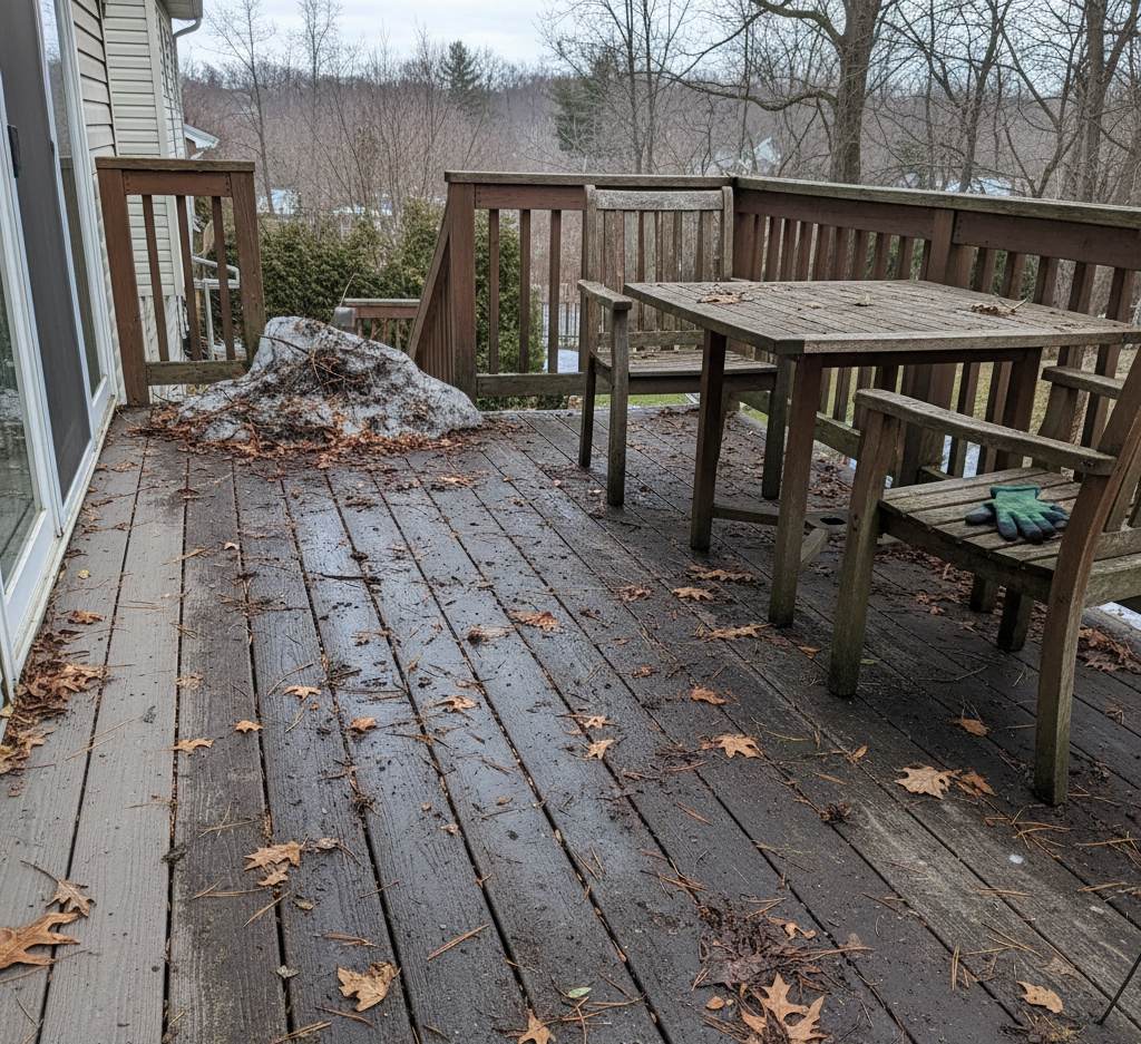 A deck made of soiled material due to the end of winter.