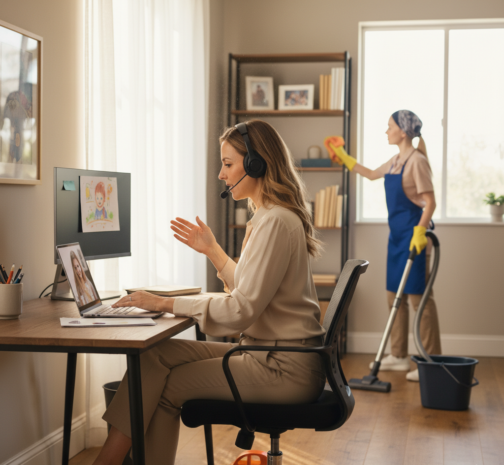 A mother working from home while the cleaning lady tidies the house.