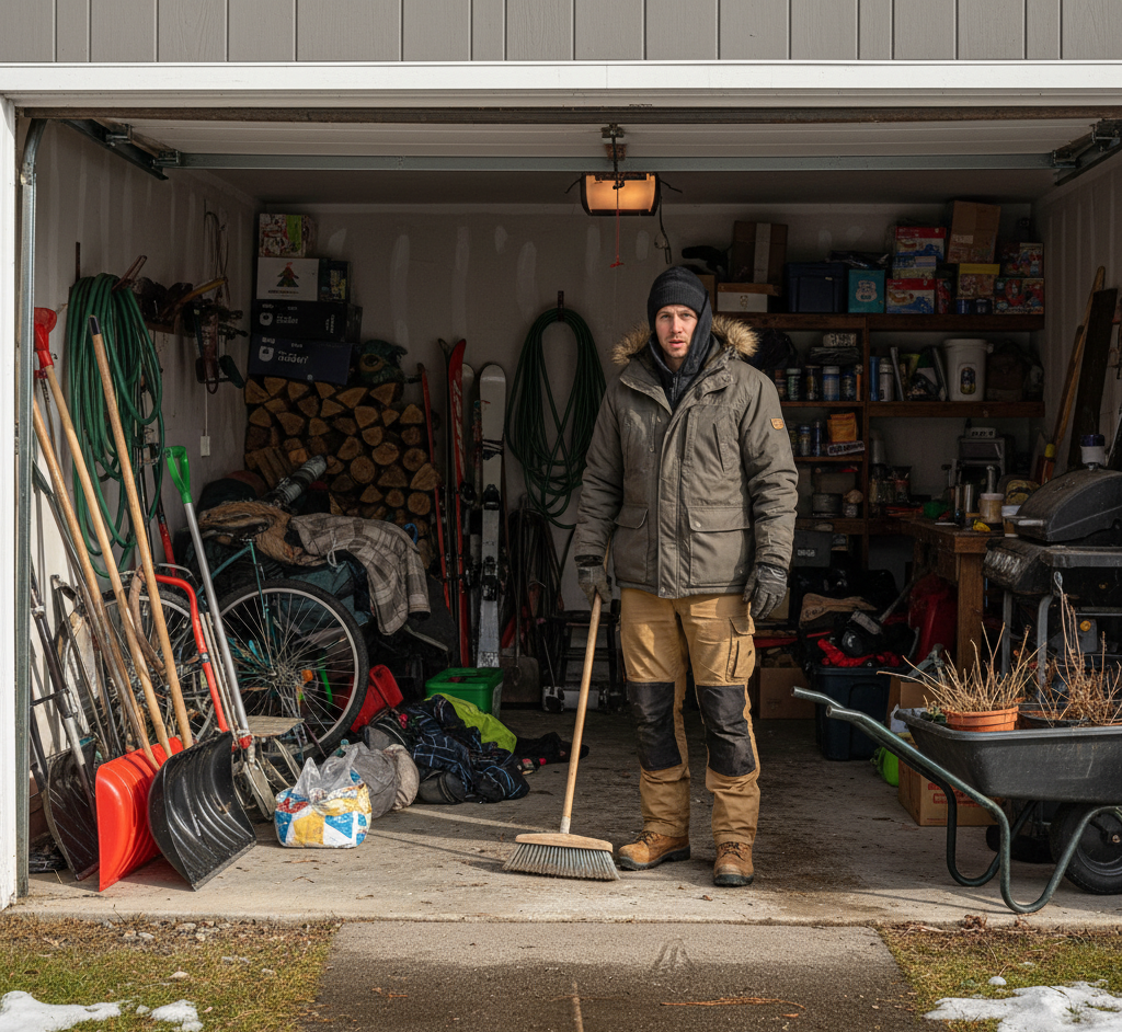 A person preparing to clean the garage, which has become a mess due to the winter transition.