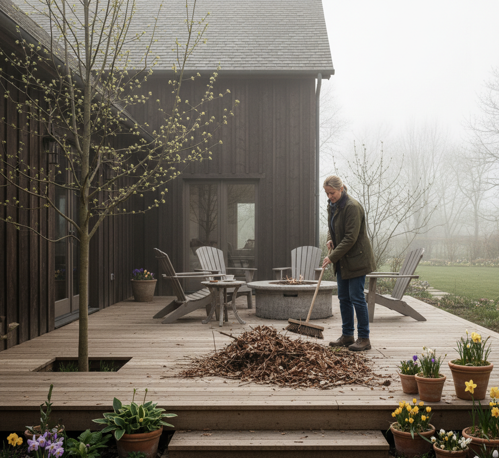 A person sweeping debris from a wooden patio during the transition from winter to spring.
