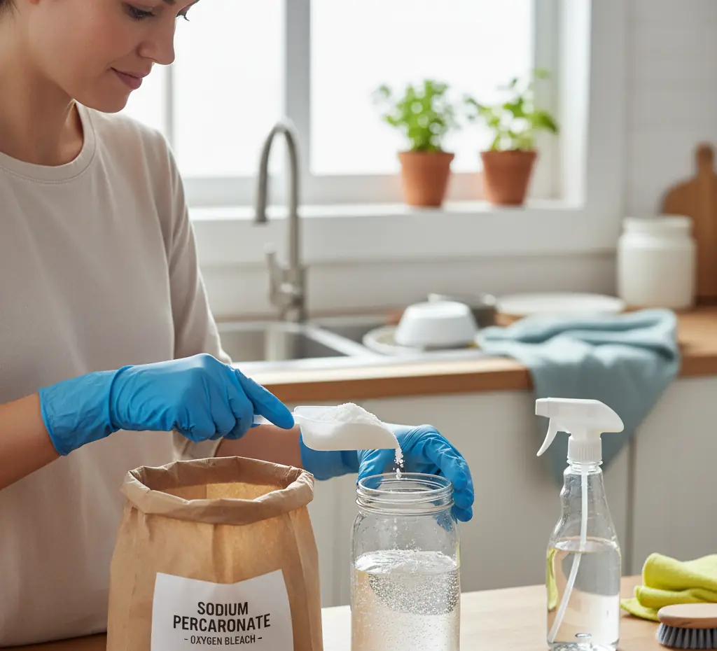 A woman handling sodium percarbonate with gloves at home for household cleaning.