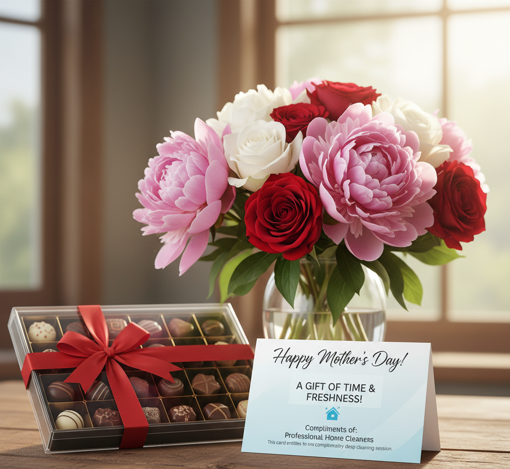 Chocolate and flowers and a professional cleaning card for Mother's Day.