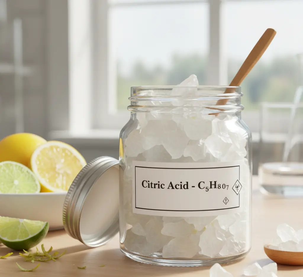 Glass jar of citric acid crystals with a wooden spoon beside lemons and limes