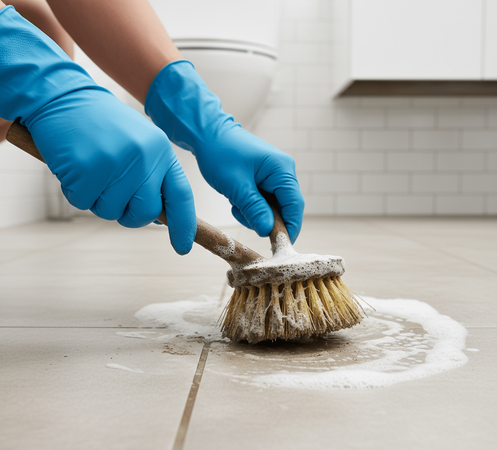 Cleaning bathroom grout with an old toilet brush.