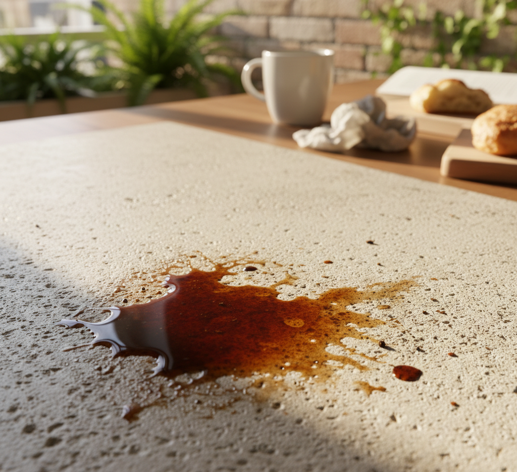 Coffee spilled on a porous surface at home