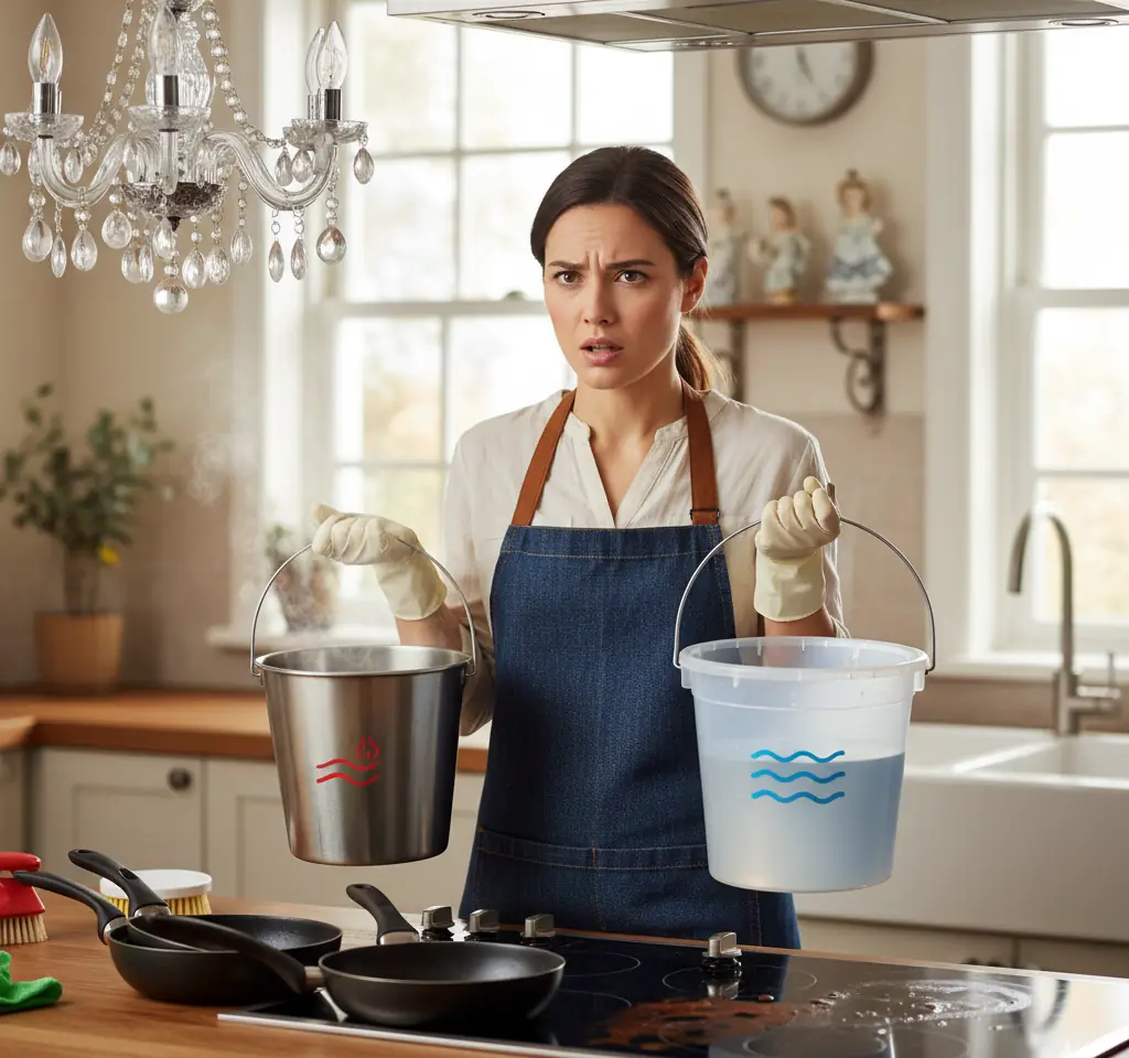 Confused woman where to use hot water for cleaning
