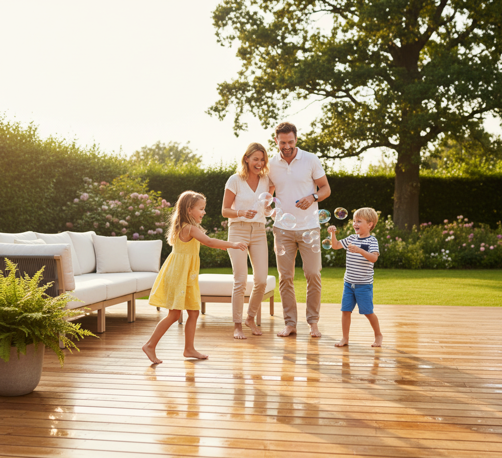 Family enjoying themselves on a clean wooden decking