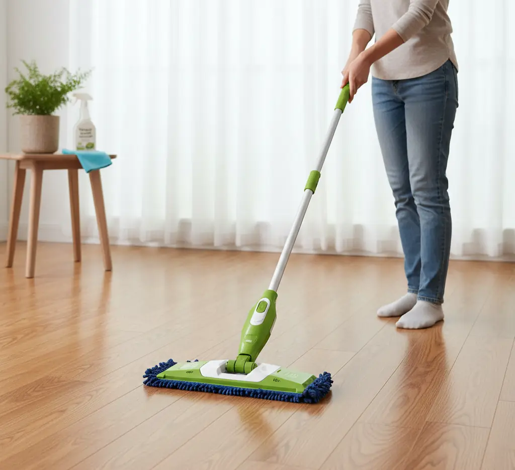 Person cleaning a hardwood floor with a flat microfiber mop