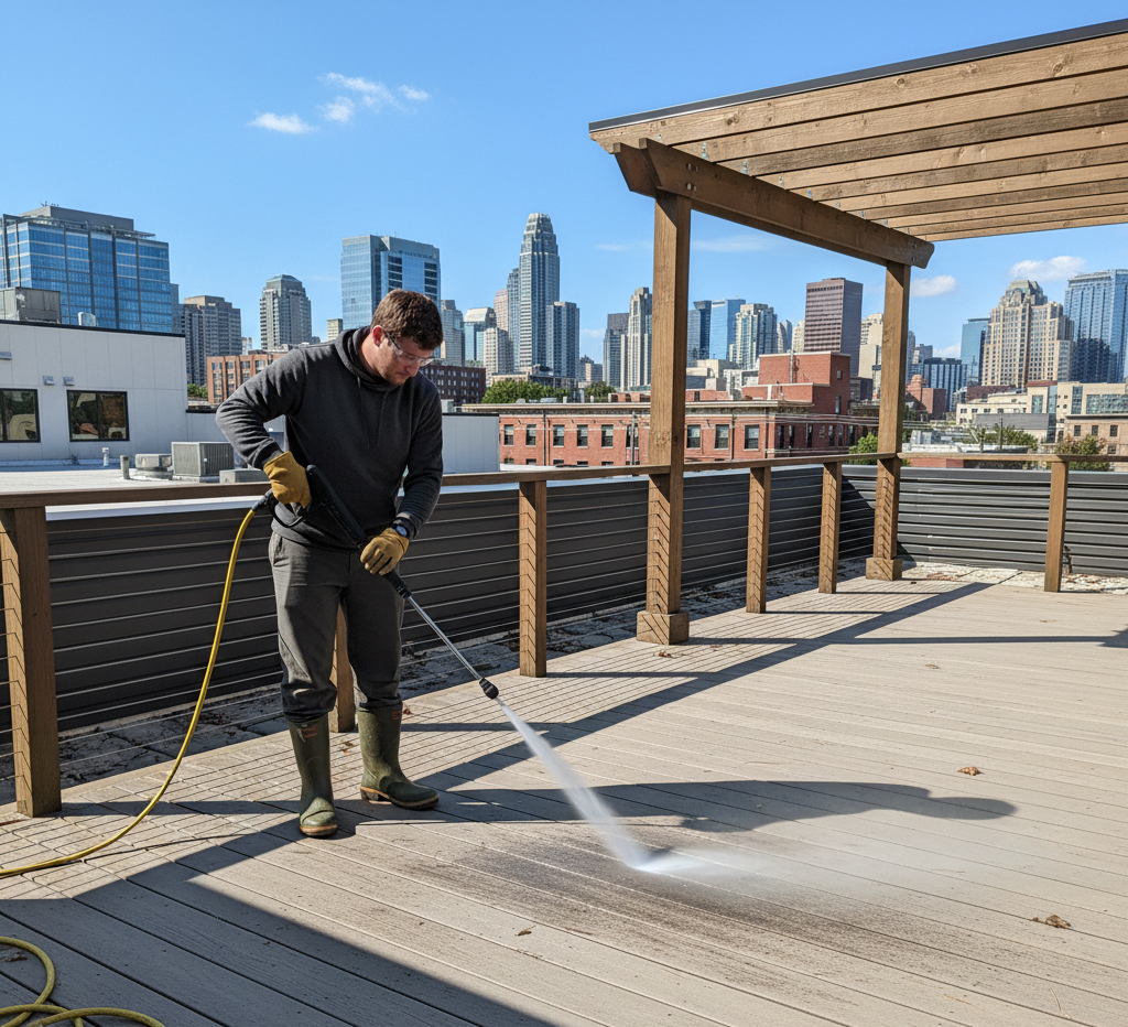 High-pressure washer on composite deck