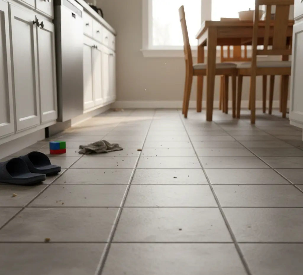 Tiled kitchen floor with crumbs, slippers and a dropped cloth near the table