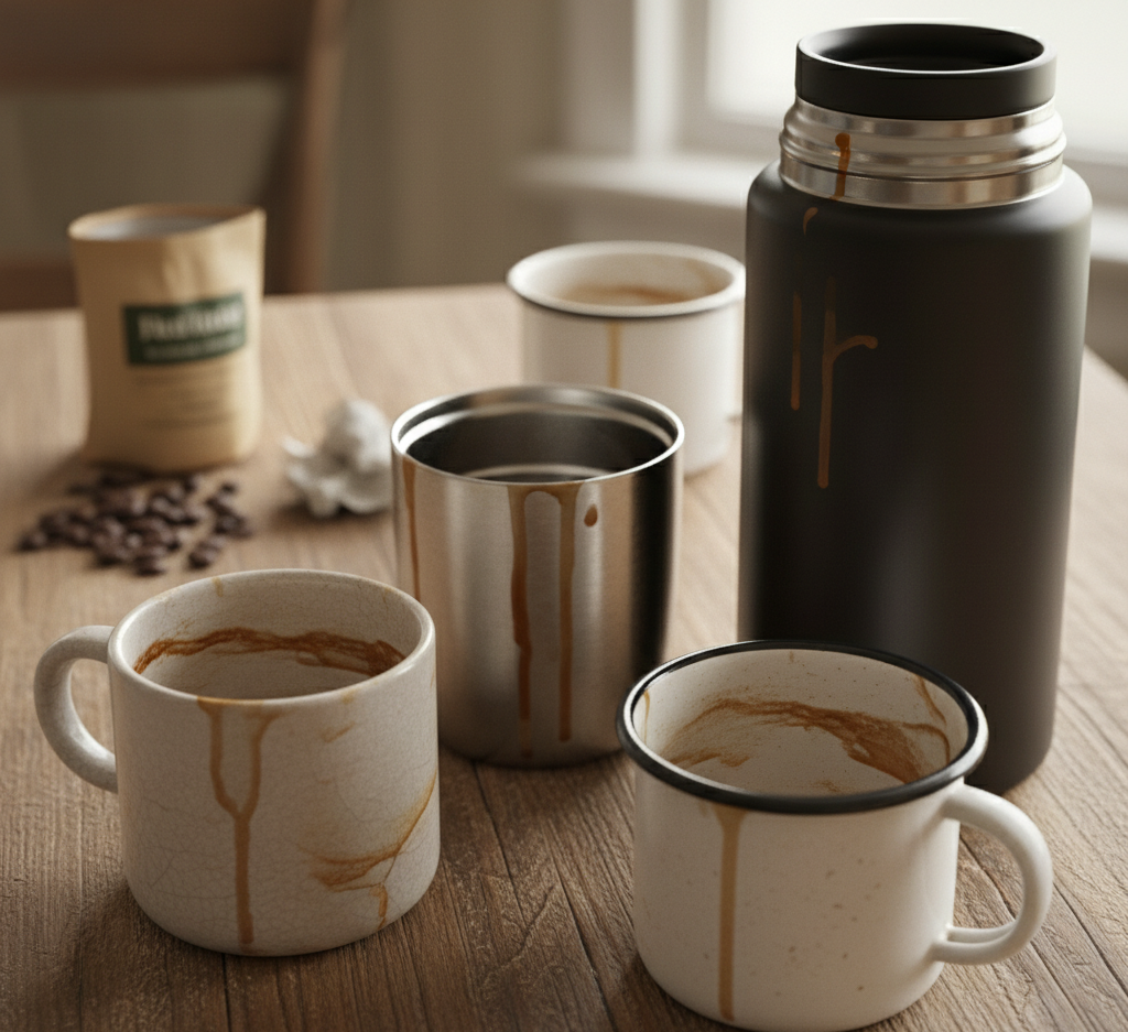 Mugs and thermoses with coffee stains.