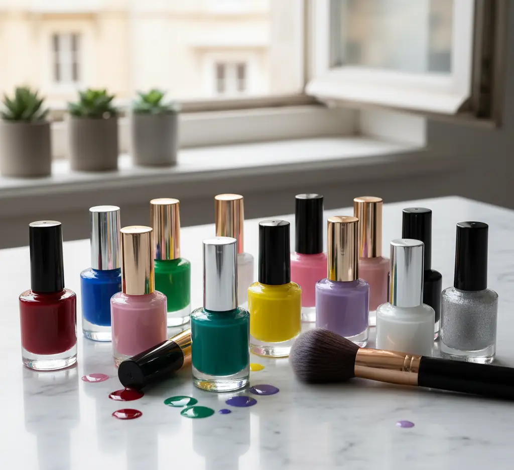 Bottles of colourful nail polish and a makeup brush on a marble counter