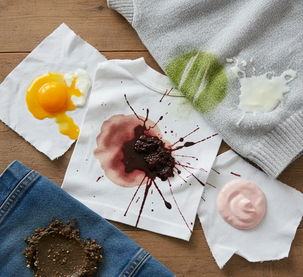Egg yolk, blood, grass and other stains on pieces of fabric