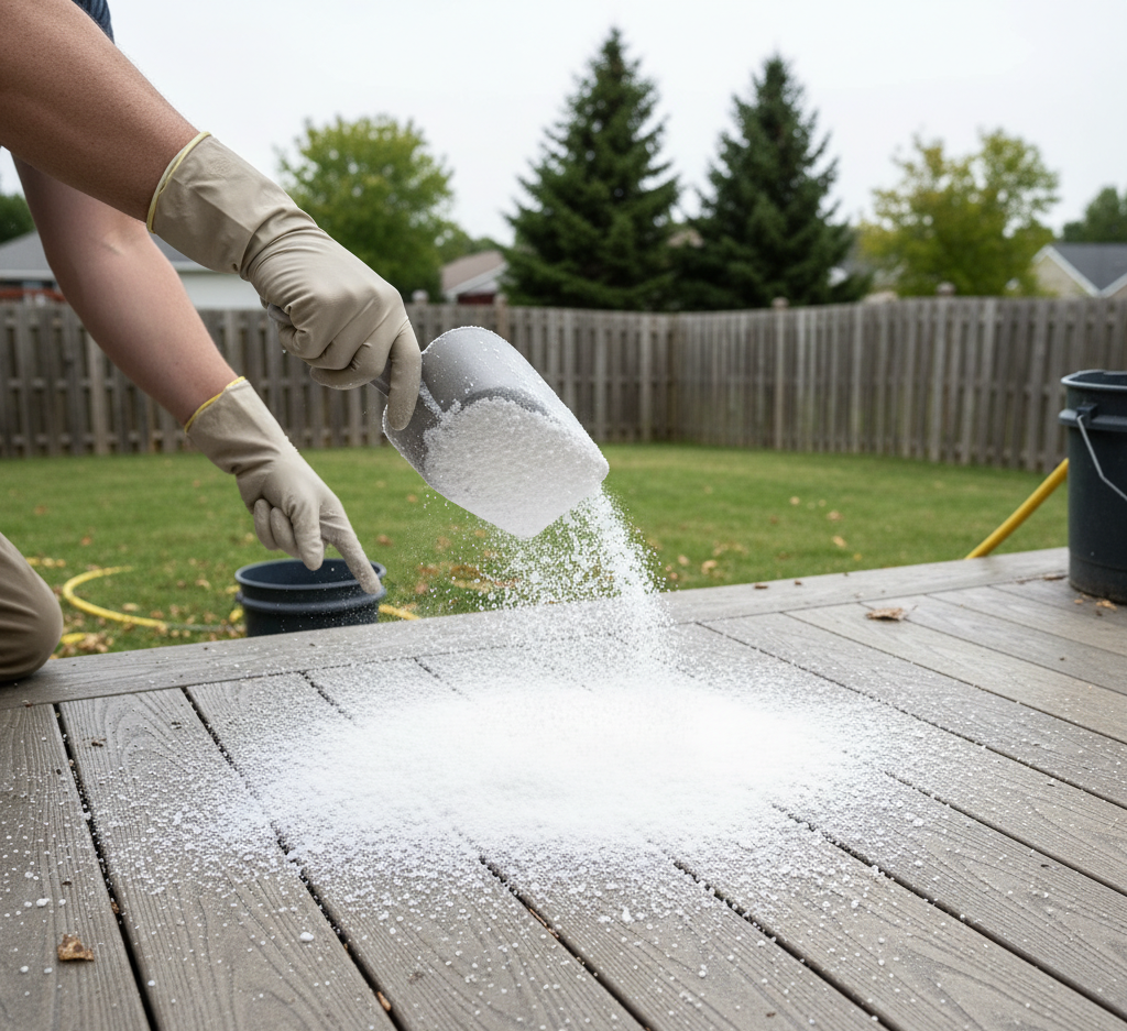 Sodium percarbonate being used in a different wood composite deck.