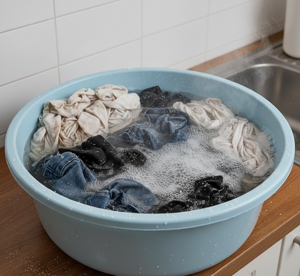 Sodium percarbonate in very dirty clothes in a basin with hot water.