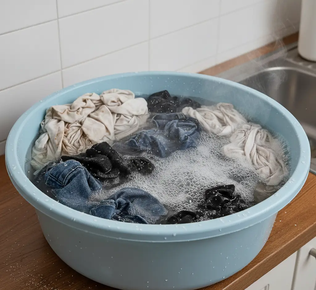 Sodium percarbonate in very dirty clothes in a basin with hot water.