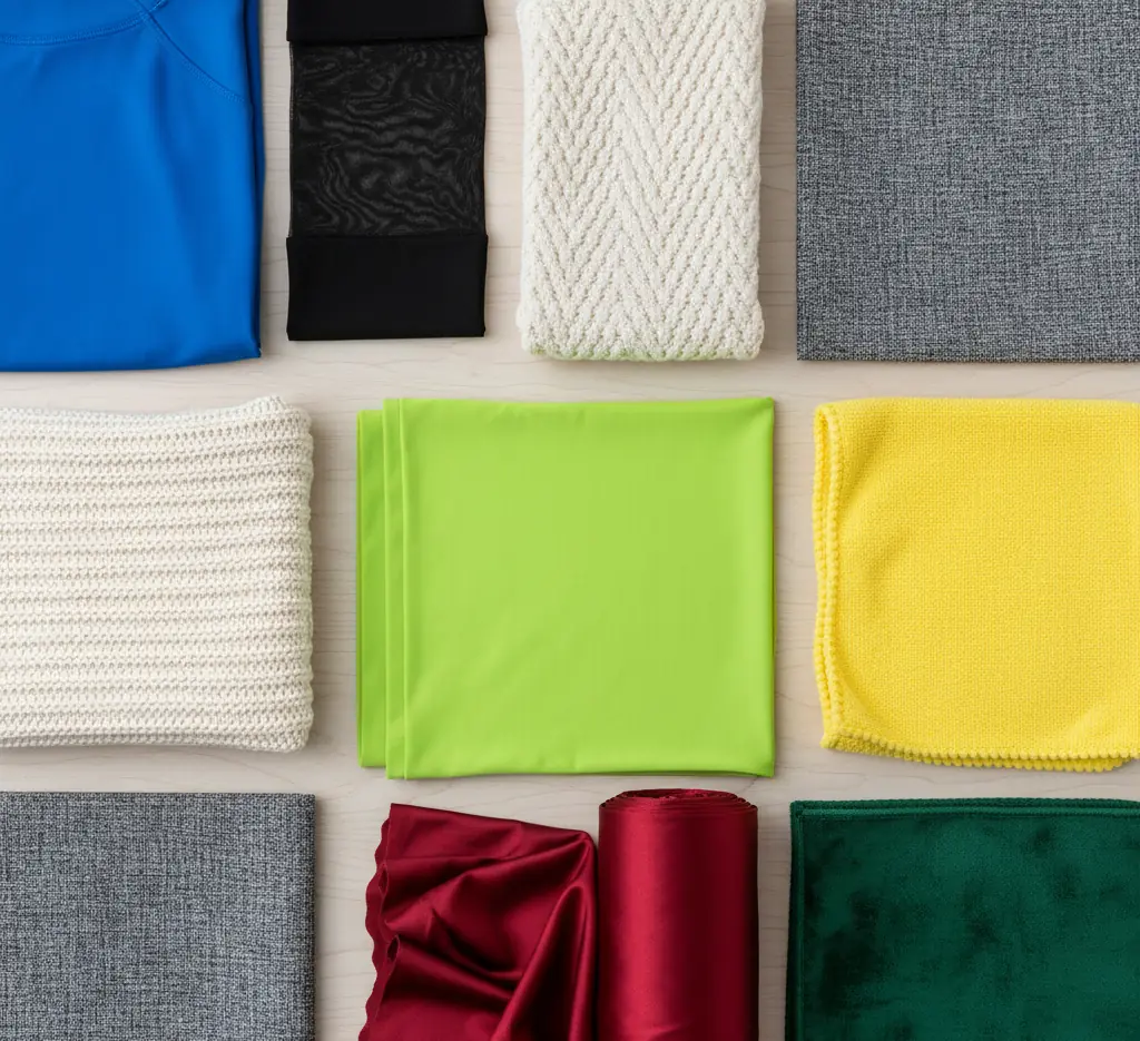 Grid of folded fabric swatches in different colours and textures
