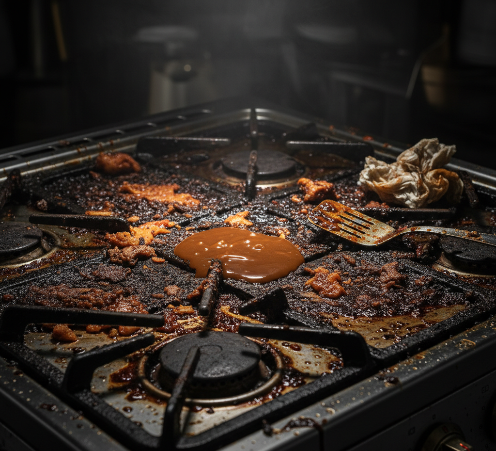 The stovetop is a theater of grease and burnt-on messes.