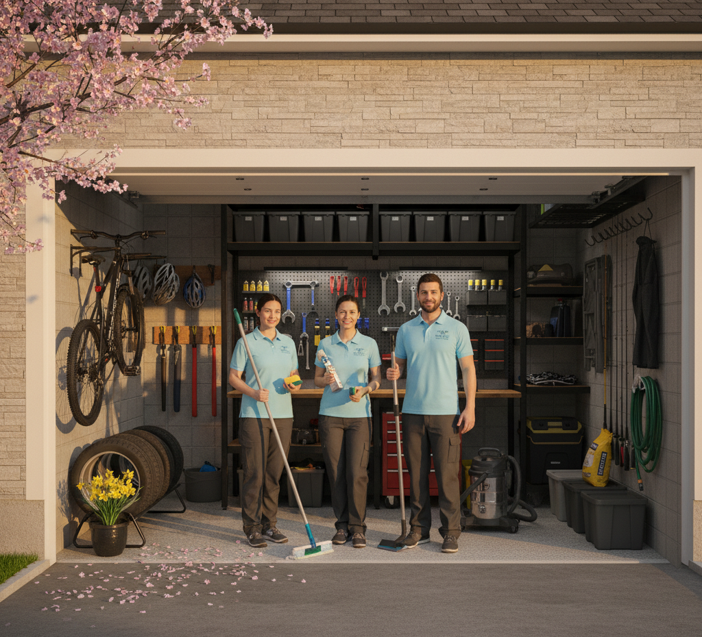 Toronto Shine Cleaning crew in front of the garage in transition to spring.