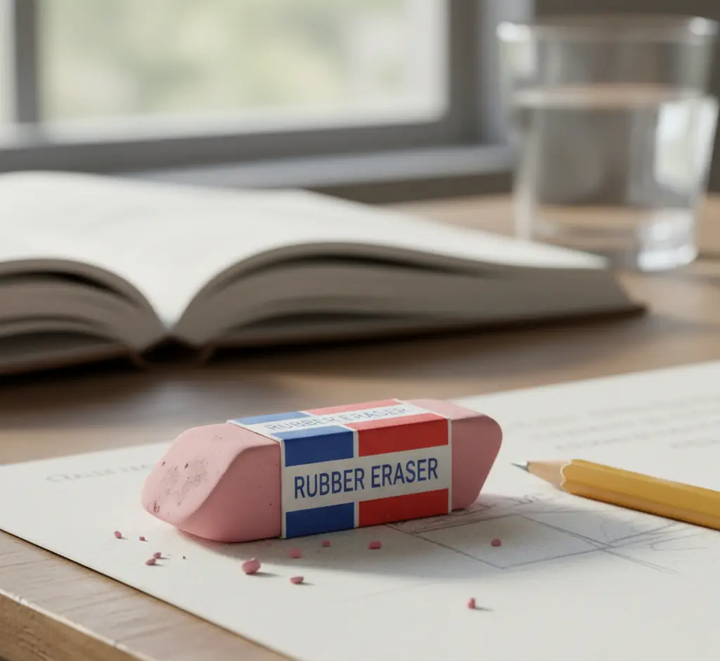 Pink rubber eraser on paper beside a pencil and an open book