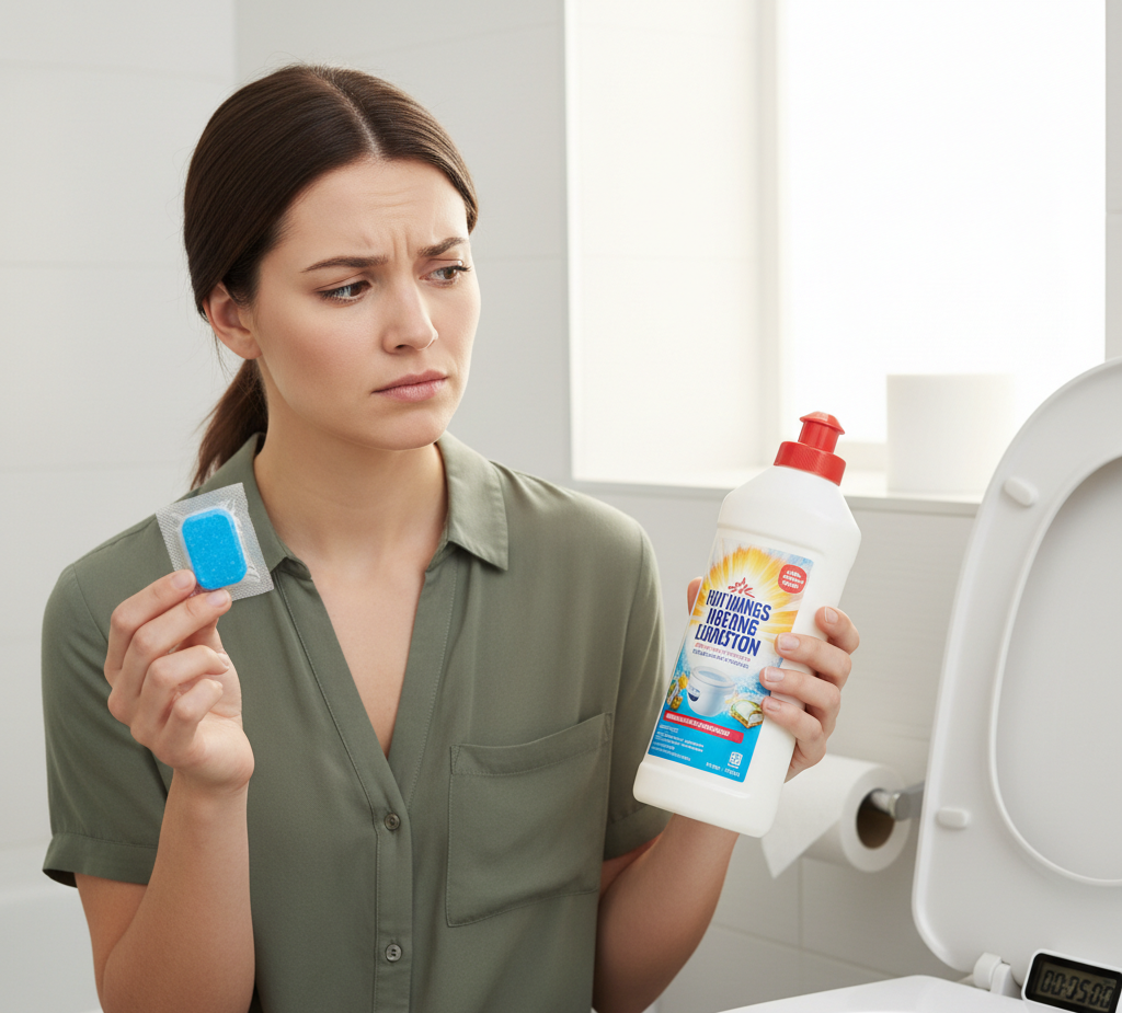 Woman wondering if effervescent toilet tablets are better than liquid cleaner.