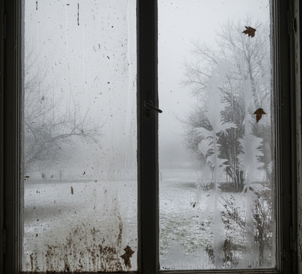 a foggy and dirty window during the winter