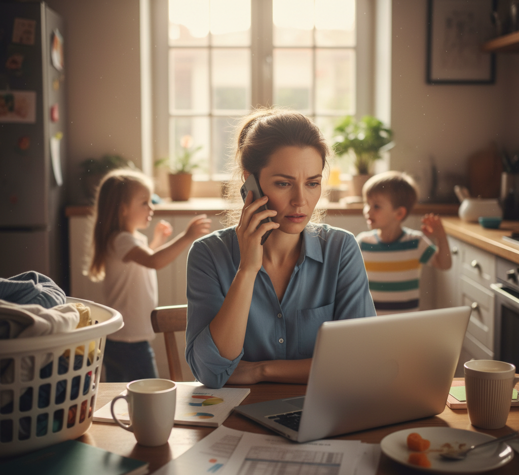 a mother worried about household chores and work.