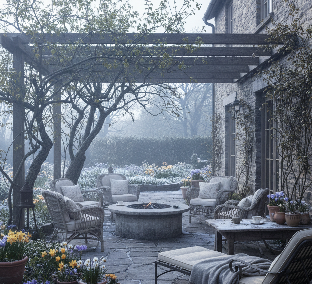 a patio transitioning from winter to spring