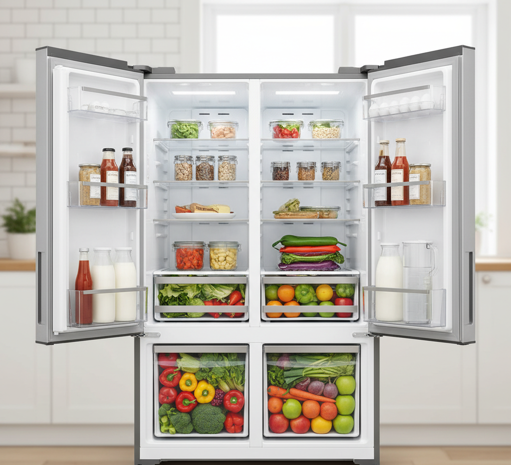 an open, clean, and organized refrigerator
